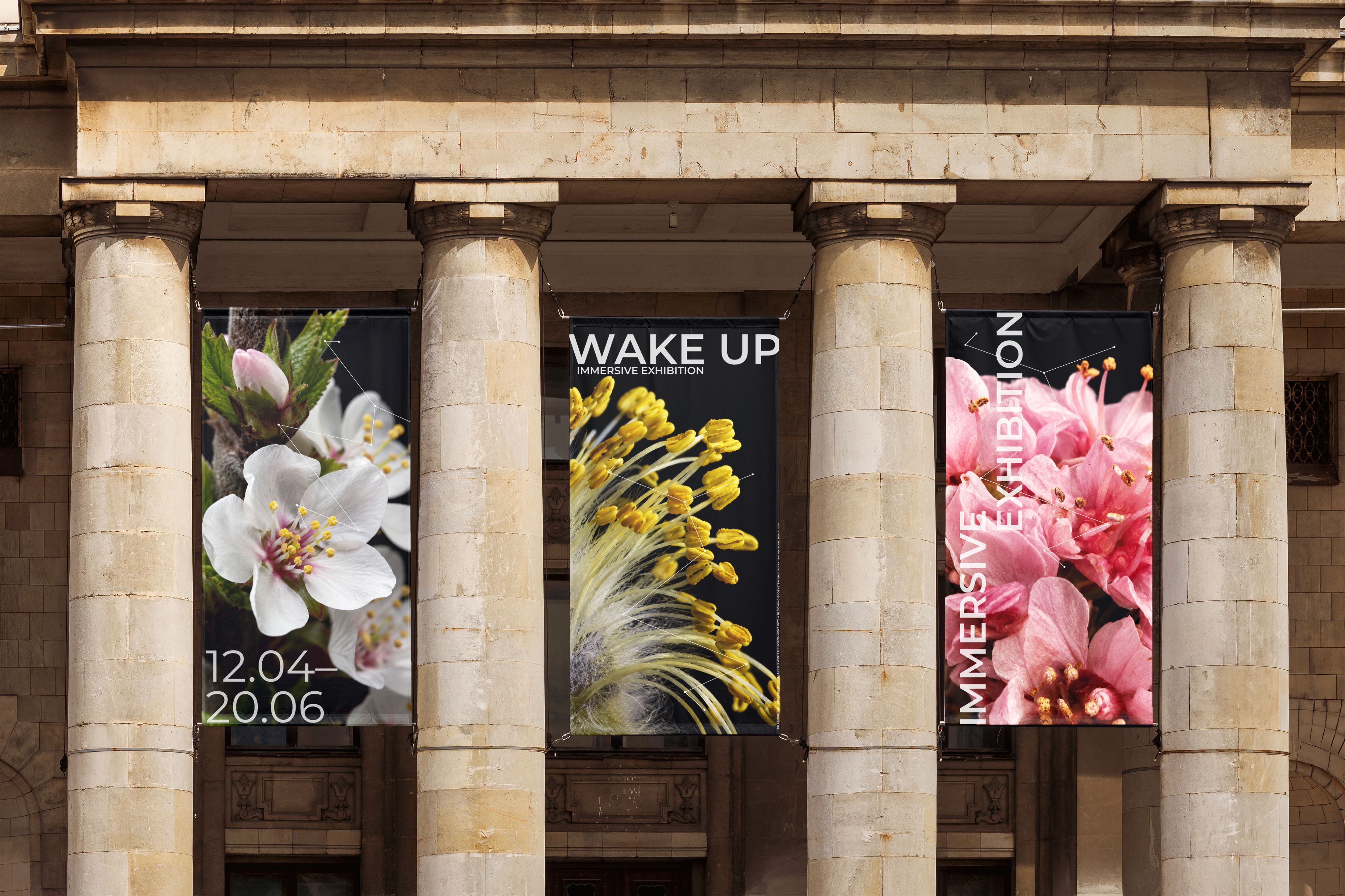 Wake Up outdoor banner mockup on a classical building.